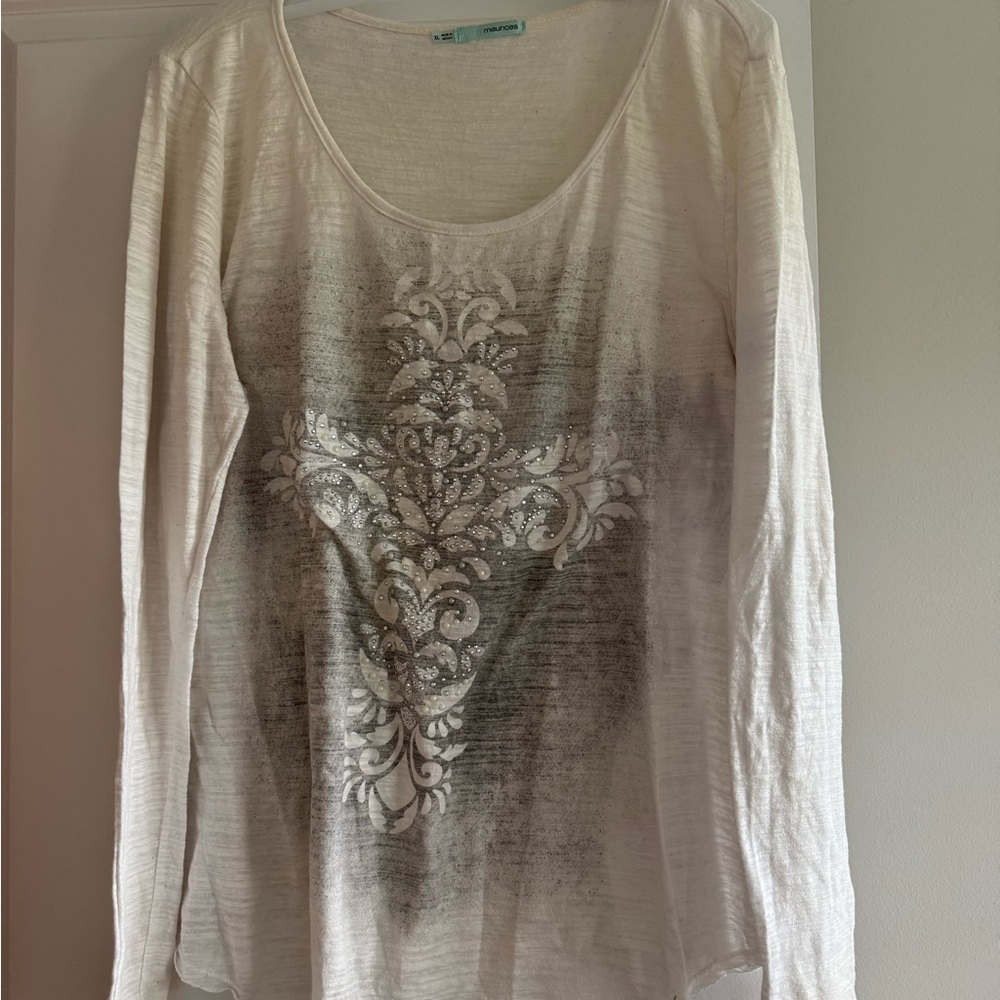 Maurices Cream Graphic Cross Blouse with Rounded Neckline Size XL